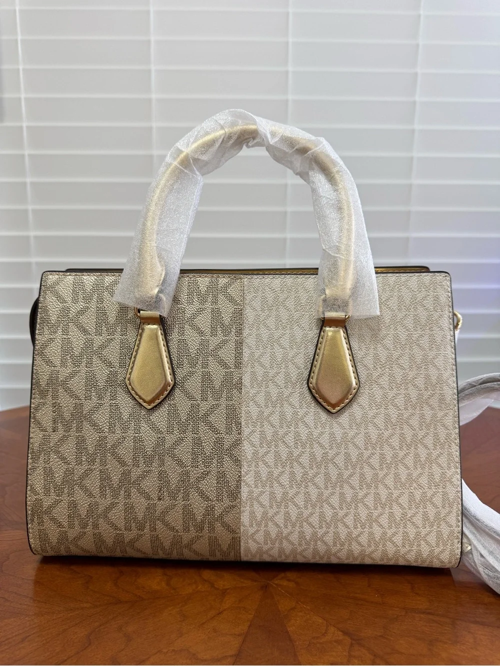 Michael Kors Two-Tone Beige Logo Satchel with Gold Hardware